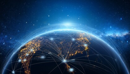 an image of the globe seen from outer space illuminated by network lines and nodes that depict concepts of data flow technology and global communication under a night sky scattered with stars