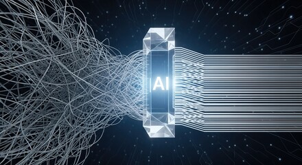 Silver crystal key with ai inscription connected by tangled wires on dark background. Artificial intelligence unlocking digital networks in 5g and internet of things. Big data and cloud technology