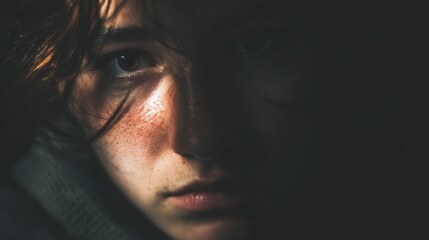 Fototapeta premium A Glimpse of the Soul: A poignant portrait captures a person's emotions. A study in shadows reveals a narrative of introspective contemplation.