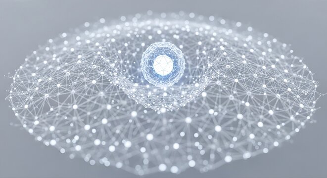 Silver key resting on glowing digital network mesh with central light node. Symbol of secure access to 5G technology and internet of things. Big data protection and cloud services concept for