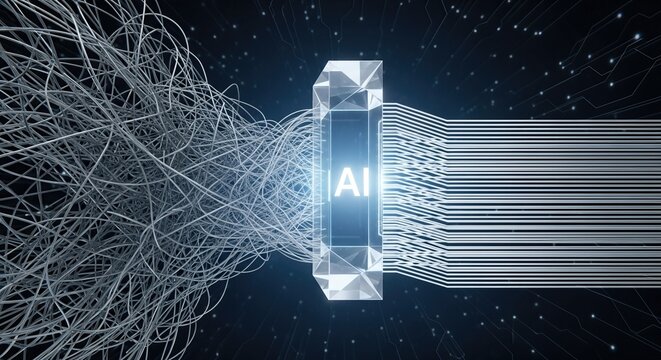 Silver crystal key with ai inscription connected by tangled wires on dark background. Artificial intelligence unlocking digital networks in 5g and internet of things. Big data and cloud technology