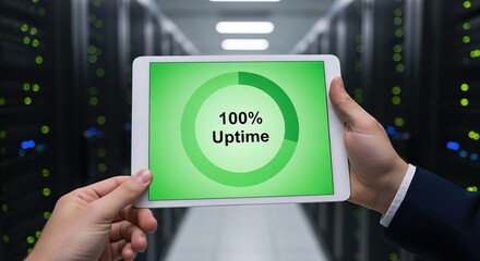 Hands holding tablet showing 100 percent uptime in server room. Data center reliability and cloud computing performance. Big data infrastructure monitoring and technology uptime concept.