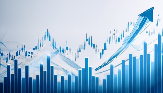 white background with blue candlestick chart data lines and upward arrows representing stock growth market analysis and financial success - Powered by Adobe