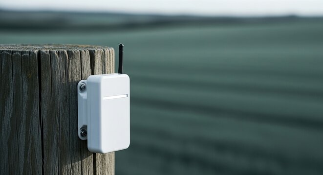 White IoT sensor device mounted on wooden post in green agricultural field. Wireless connectivity for smart farming and remote monitoring. Internet of things technology in agriculture for data