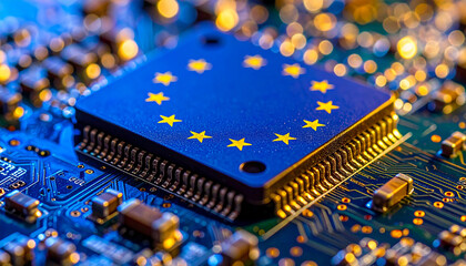 Close-up of a Microchip with European Union Flag Stars on a Circuit Board processor computer chip