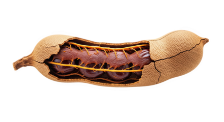 Split African locust bean pod with rough shell, fibrous orange strands, and glossy dark seeds—used in culinary and medicinal contexts