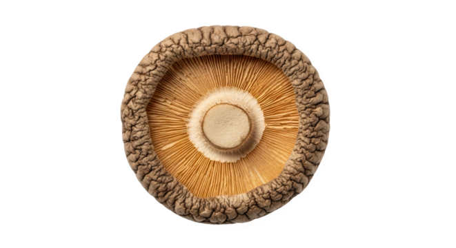 Top-down view of a portobello mushroom showing exposed radial gills and textured cap—used in culinary and botanical contexts