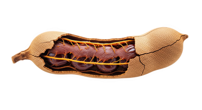 Split African locust bean pod with rough shell, fibrous orange strands, and glossy dark seeds—used in culinary and medicinal contexts