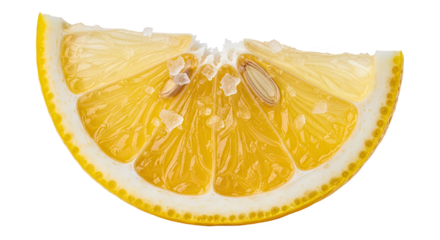 Bitten lemon wedge with exposed pulp, visible seeds, and coarse salt crystals—bright, sour, and vividly textured