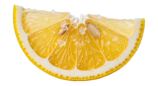 Bitten lemon wedge with exposed pulp, visible seeds, and coarse salt crystals—bright, sour, and vividly textured