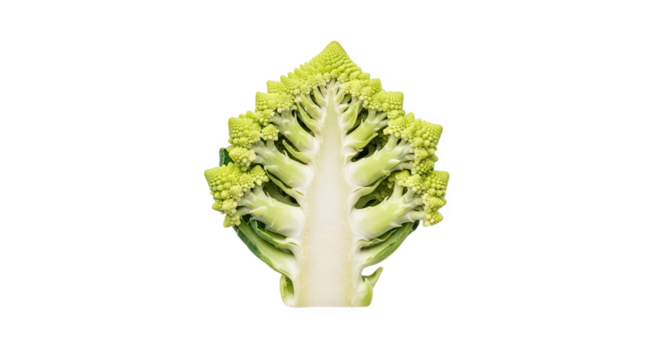 Vertically sliced Romanesco broccoli showing fractal florets and branching symmetry—vibrant green, geometric, and botanically striking