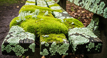 Moss and lichen covering wooden bench in outdoor park area  