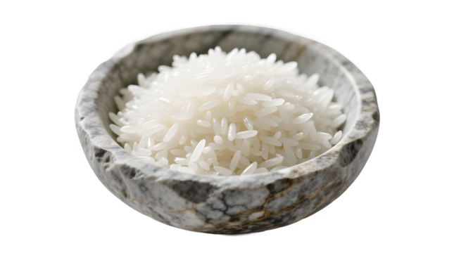 
White Raw Rice in Marble Stone Bowl – Isolated PNG Transparent Background