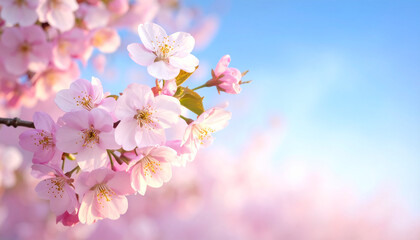 Obraz premium Close-up of Delicate Pink Cherry Blossoms Against a Soft Blue Sky flower spring