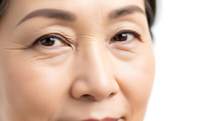 Obraz premium Close-Up of Mature Asian Woman with Bright Smile and Sparkling Eyes, Expressing Joy and Confidence for Healthcare, Beauty, or Lifestyle Concepts