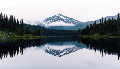 A tranquil mountain lake perfectly reflects the surrounding evergreen forest, snow-dusted peaks, and misty clouds under an overcast sky. The scene evokes a sens