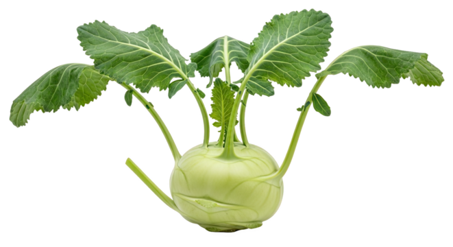 Fresh kohlrabi with pale green bulb and leafy stems—crisp texture and mild flavor, used in cooking raw or cooked