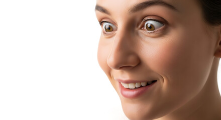 Captivated young woman with a delighted expression and curious wide eyes looking away in a joyful moment