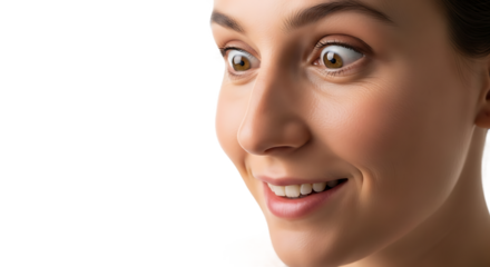 Captivated young woman with a delighted expression and curious wide eyes looking away in a joyful moment