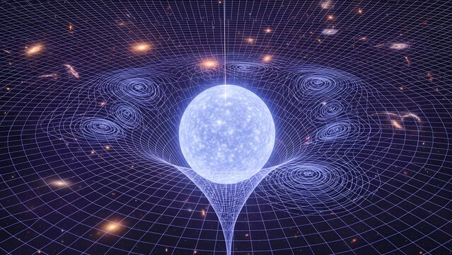 Abstract digital landscape of spacetime grid with golden gravitational waves and quantum particles. Futuristic visualization of big data, string theory, and cosmic energy.
