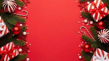 Festive christmas border with gifts and decorations on red background
