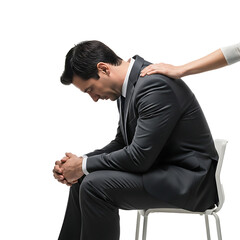 A gentle hand offers comfort to a disheartened business professional facing difficulties and seeking solace in a moment of despair