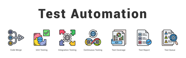 Test Automation   Modern and clean web banner illustration featuring thematic icons for visual communication