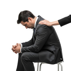 A sorrowful business professional experiences empathy and reassurance from a supportive hand on his shoulder during distress