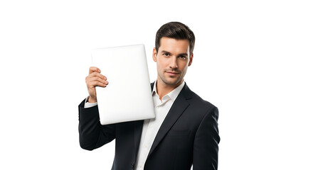 A confident businessman holding a modern white laptop showcasing technology innovation and professional presentation on an isolated background