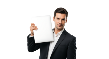 A confident businessman holding a modern white laptop showcasing technology innovation and professional presentation on an isolated background