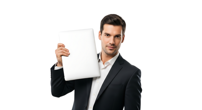 A confident businessman holding a modern white laptop showcasing technology innovation and professional presentation on an isolated background