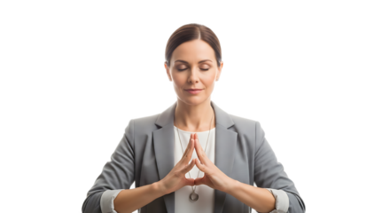 Professional businesswoman finds inner peace and mental clarity through mindful meditation practice in a serene setting