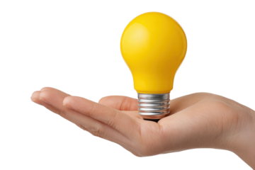 Yellow light bulb resting on an open palm against a black background lightbulb hand, Isolated On Transparent Background, Png
