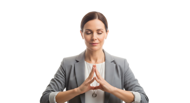 Professional businesswoman finds inner peace and mental clarity through mindful meditation practice in a serene setting