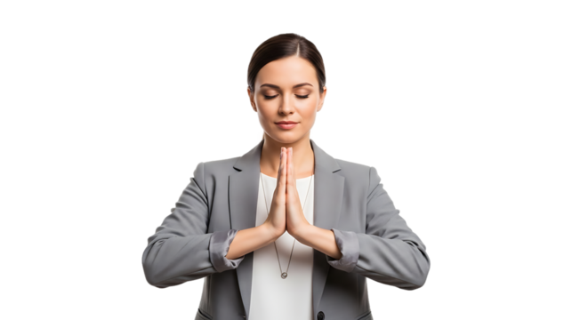 Serene businesswoman finds peaceful mindfulness and spiritual balance through focused meditation achieving mental clarity and stress relief