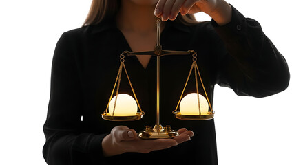 Thoughtful individual balancing two luminous spheres on a precise golden scale symbolizing fairness and important decision making