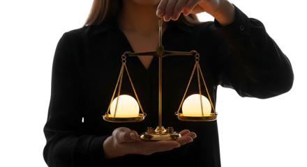 Thoughtful individual balancing two luminous spheres on a precise golden scale symbolizing fairness and important decision making