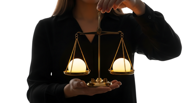 Thoughtful individual balancing two luminous spheres on a precise golden scale symbolizing fairness and important decision making