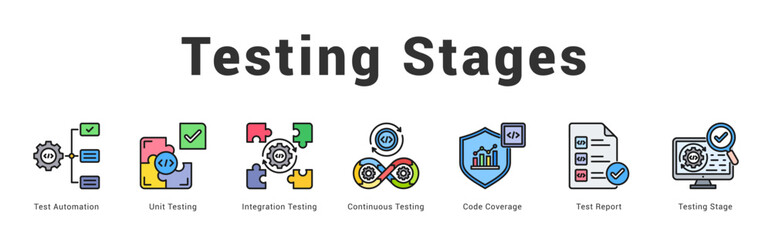 Testing Stages Modern and clean web banner illustration featuring thematic icons for visual communication