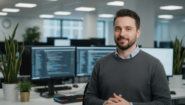 A smiling man in a gray sweater stands confidently in a modern office filled with computer screens displaying code. Professional work environment.