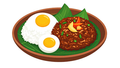 Asian rice dish with egg and savory topping on banana leaves.