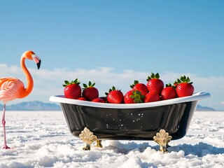 Flamingo and Strawberries in Vintage Bathtub on White Landscape
