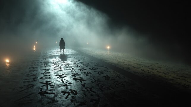Mystery Pathway: A lone figure walks into the darkness, illuminated by scattered lights, the path ahead marked with a cryptic symbols, shrouded in an atmosphere of mystery and the unknown.