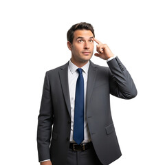 A thoughtful young businessman in a sharp suit contemplating a brilliant new idea for strategic business success