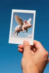 Hand Holding Photo of Flying Pig in Blue Sky with Clouds