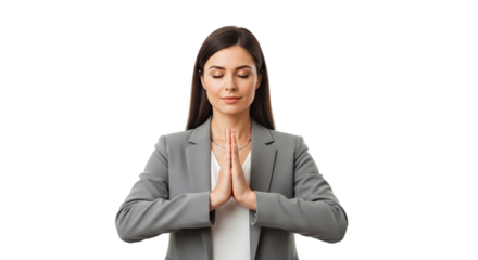 Serene professional woman in a business suit practicing mindful meditation for stress management and wellness