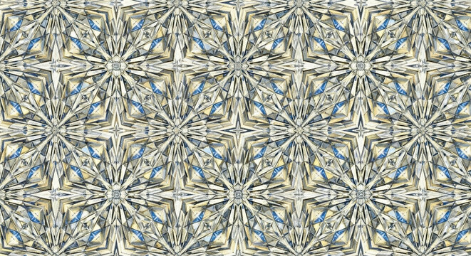 Intricate Kaleidoscope Geometric Pattern with Symmetrical Starburst Motifs and Cool Tones