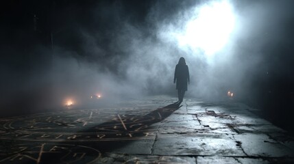 Silhouette in the Mist: A solitary figure ventures into a realm of mystery, enveloped by a thick, swirling mist, bathed in an ethereal, otherworldly glow, hinting at an atmospheric journey.