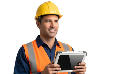 Smiling male engineer wearing a hard hat and safety vest holding a tablet looking away thoughtfully happy at work