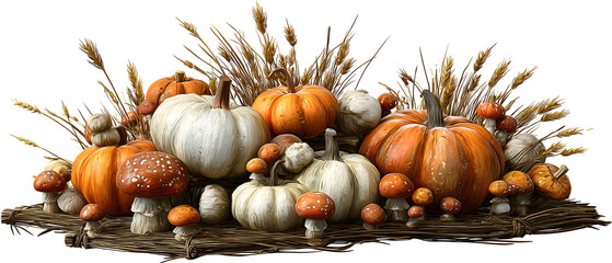 Rustic autumn harvest featuring creamy white and vibrant orange pumpkins with speckled mushrooms and wheat stalks, perfect for Thanksgiving or fall decorations